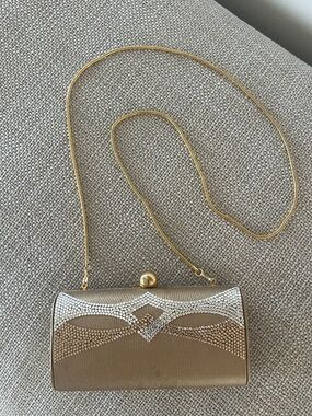 Vintage Stuart Weitzman Gold Satin Clutch w Crystals Hard Case